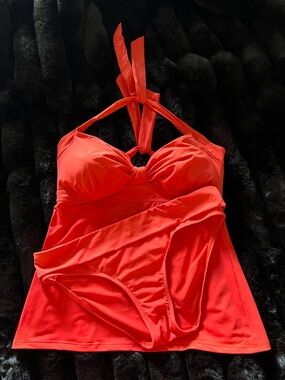 Sky Coral Color Halter Tankini Top with Bikini Bottom